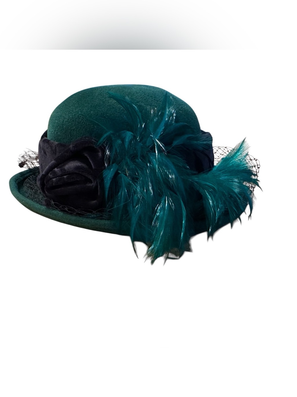Dark Green Feather Mesh Trim Wool Felt Bowler Hat medium
